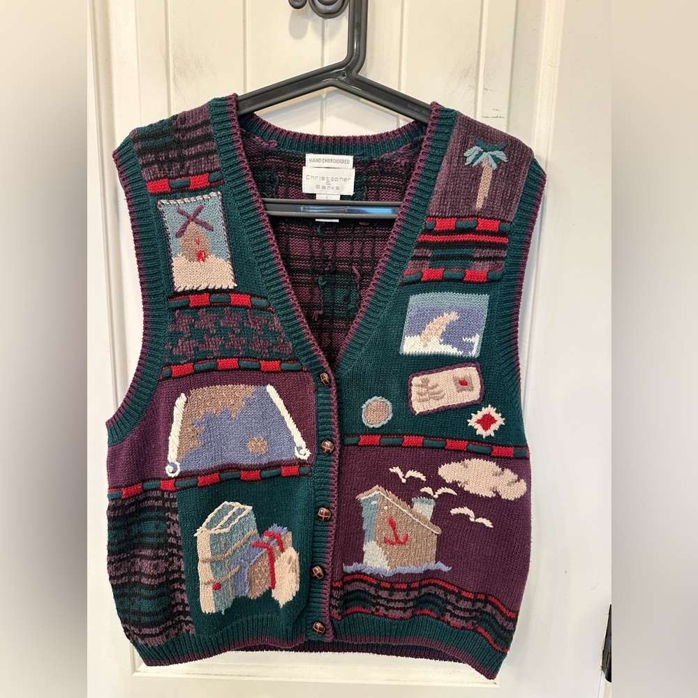 VTG 90s Christopher & Banks Hand Embroidered Travel Theme Sweater Vest L